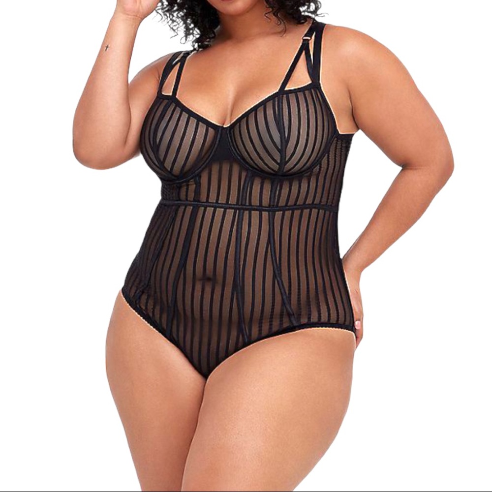 Torrid Black-striped mesh underwire bodysuit NWT